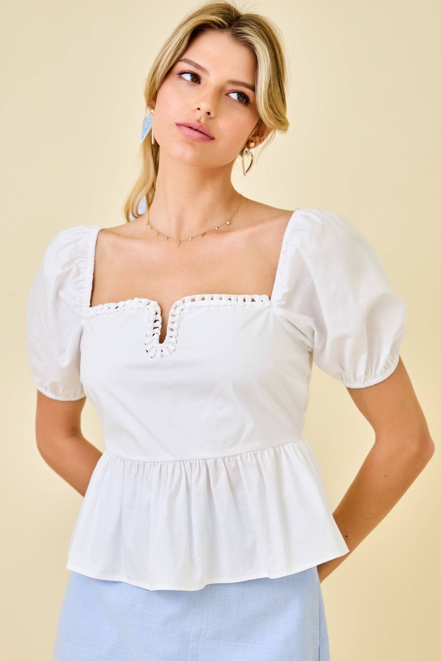 Puff Sleeve Notched Top W/ Knotted Neck Detail