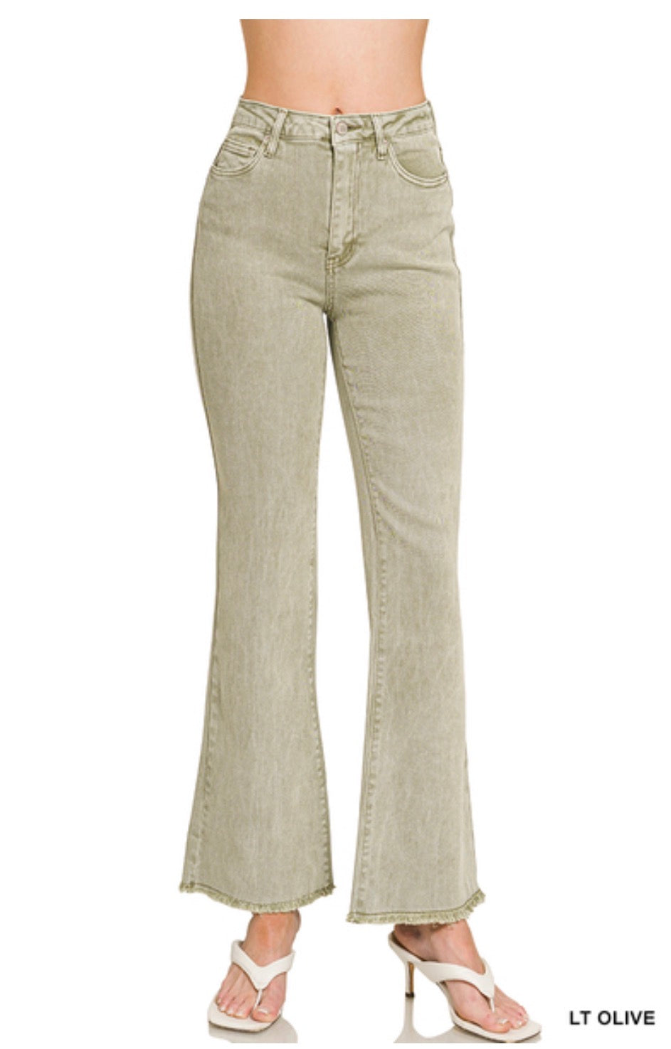 Acid Washed Frayed Cutoff Hem Straight Wide Pants-Light Olive