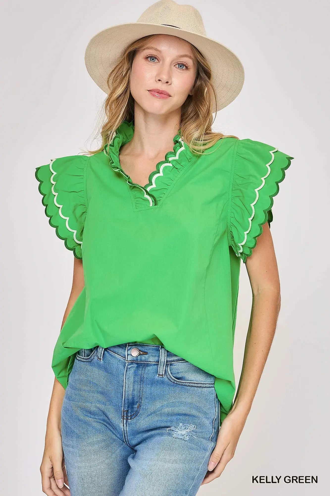 Scallop Trim Ruffle Sleeve Top