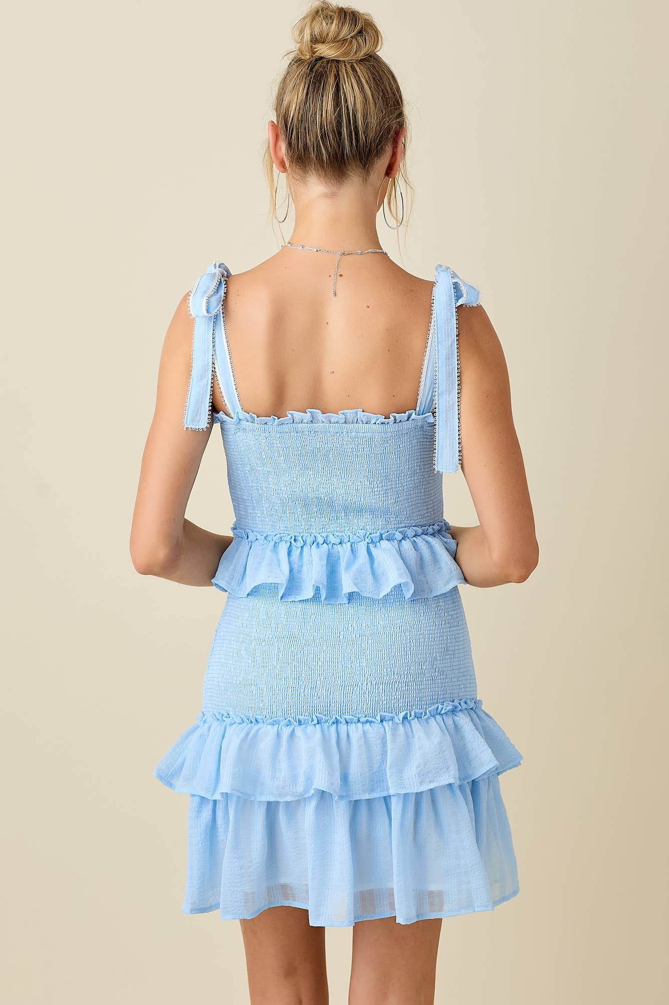 Jacquard smocked ruffled mini dress