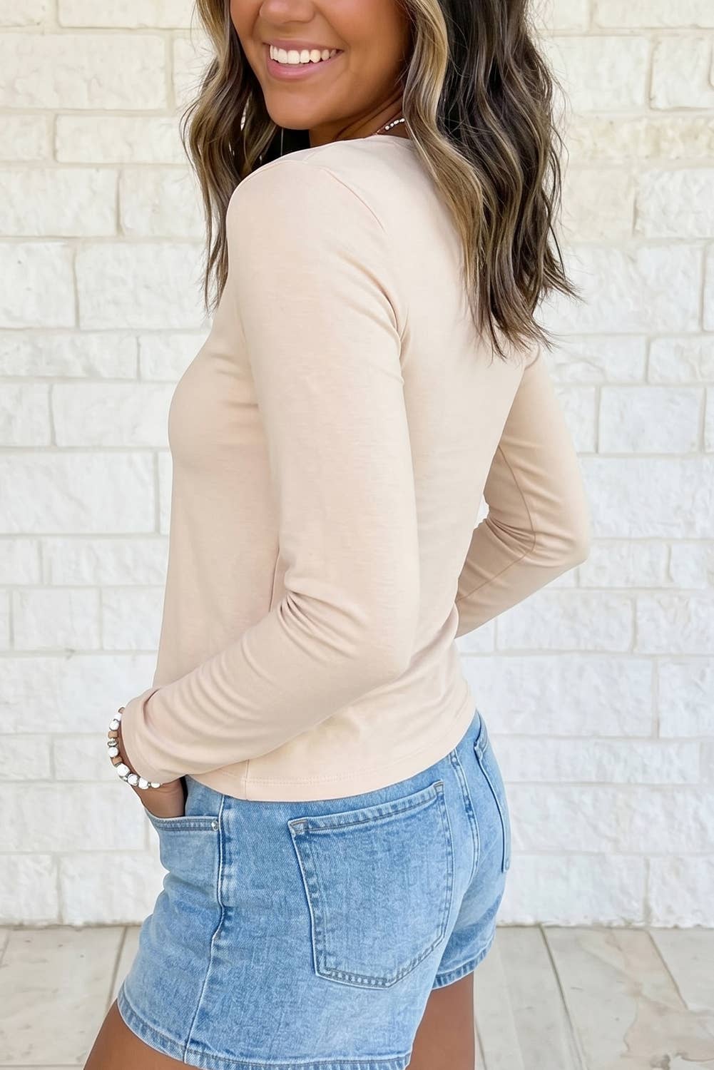 V Neck Ruched Slim Fit Long Sleeve Basic Tee