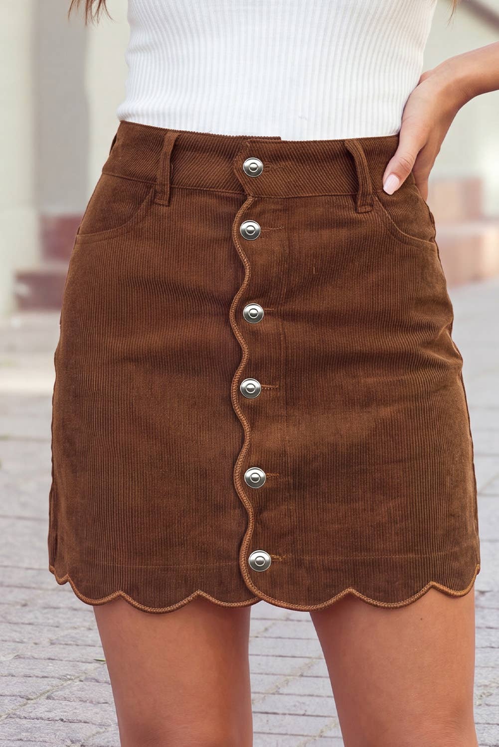 Button Front Corduroy Mini Pockets Skirt