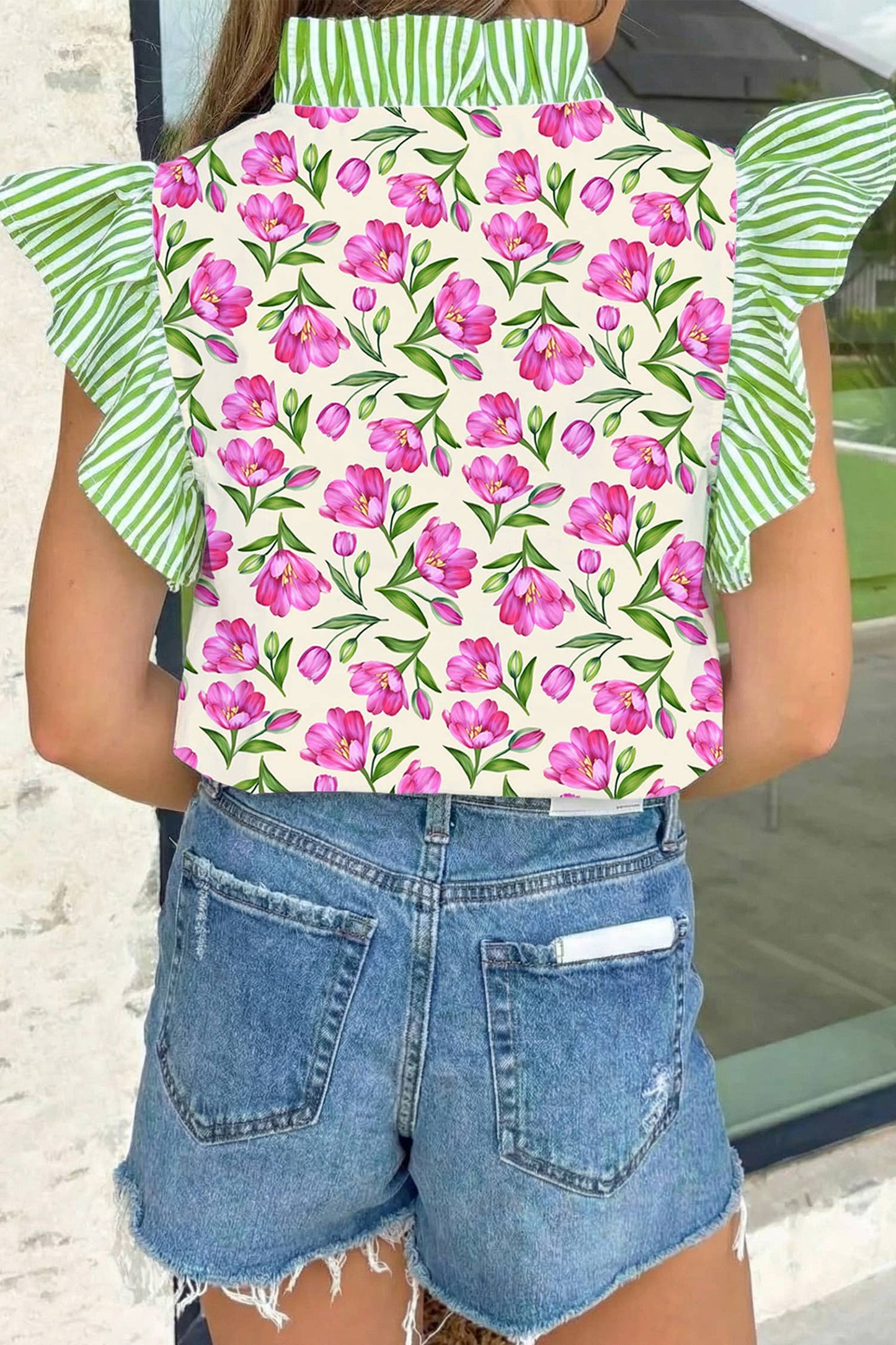 Floral Print Striped Ruffle Blouse
