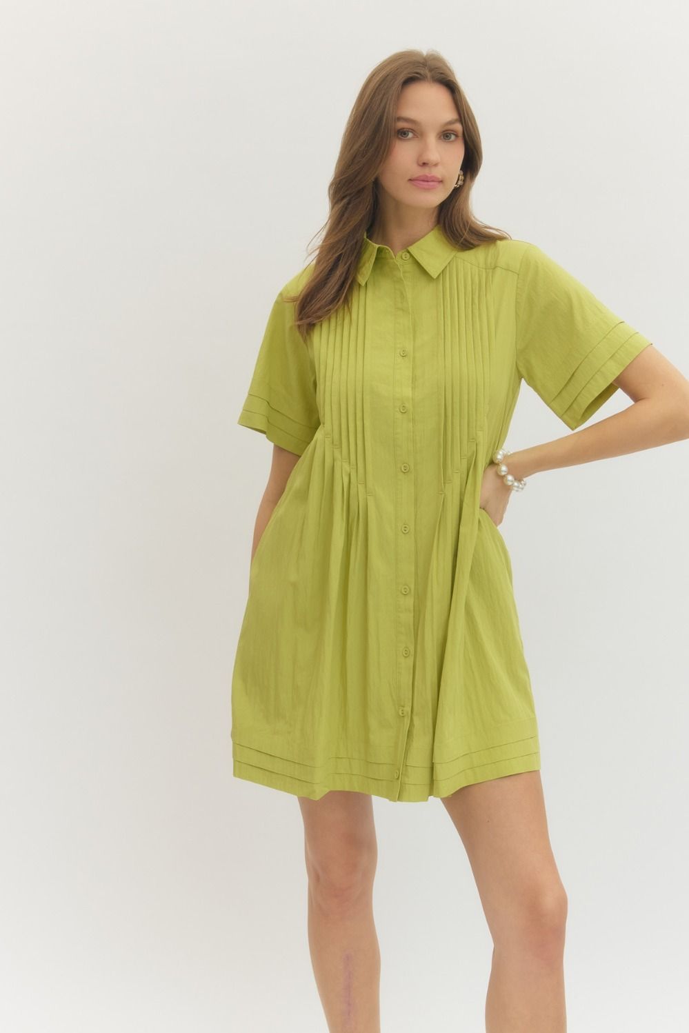 Solid Short Sleeve Dress- Green