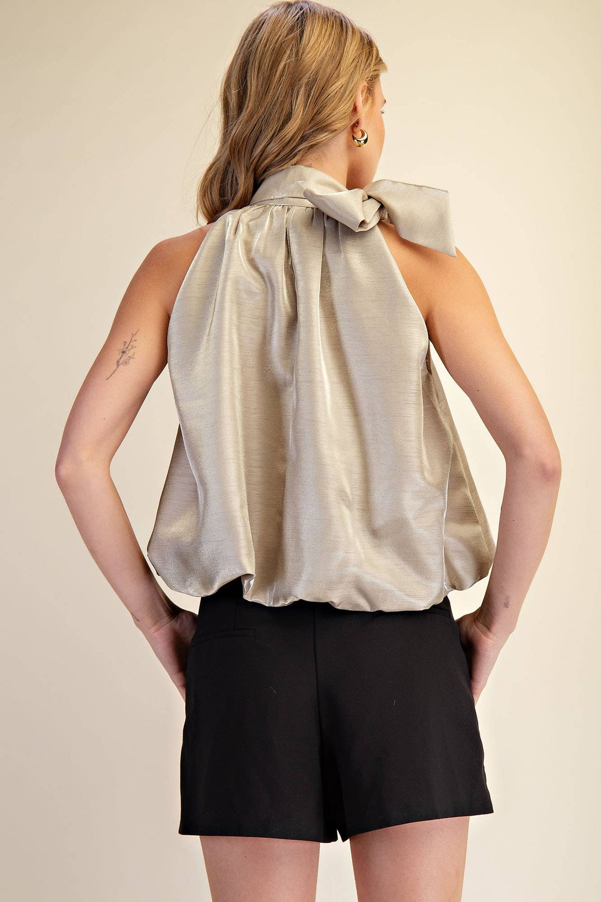 High Neck Tie Wrap Balloon Sleeveless Top