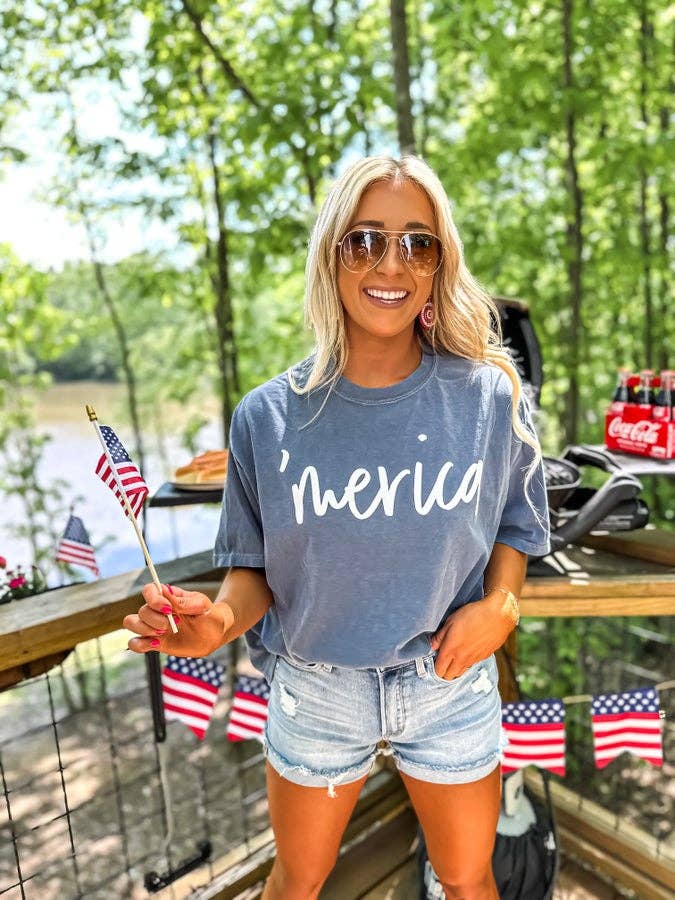 Merica Puff on Denim Graphic Tee