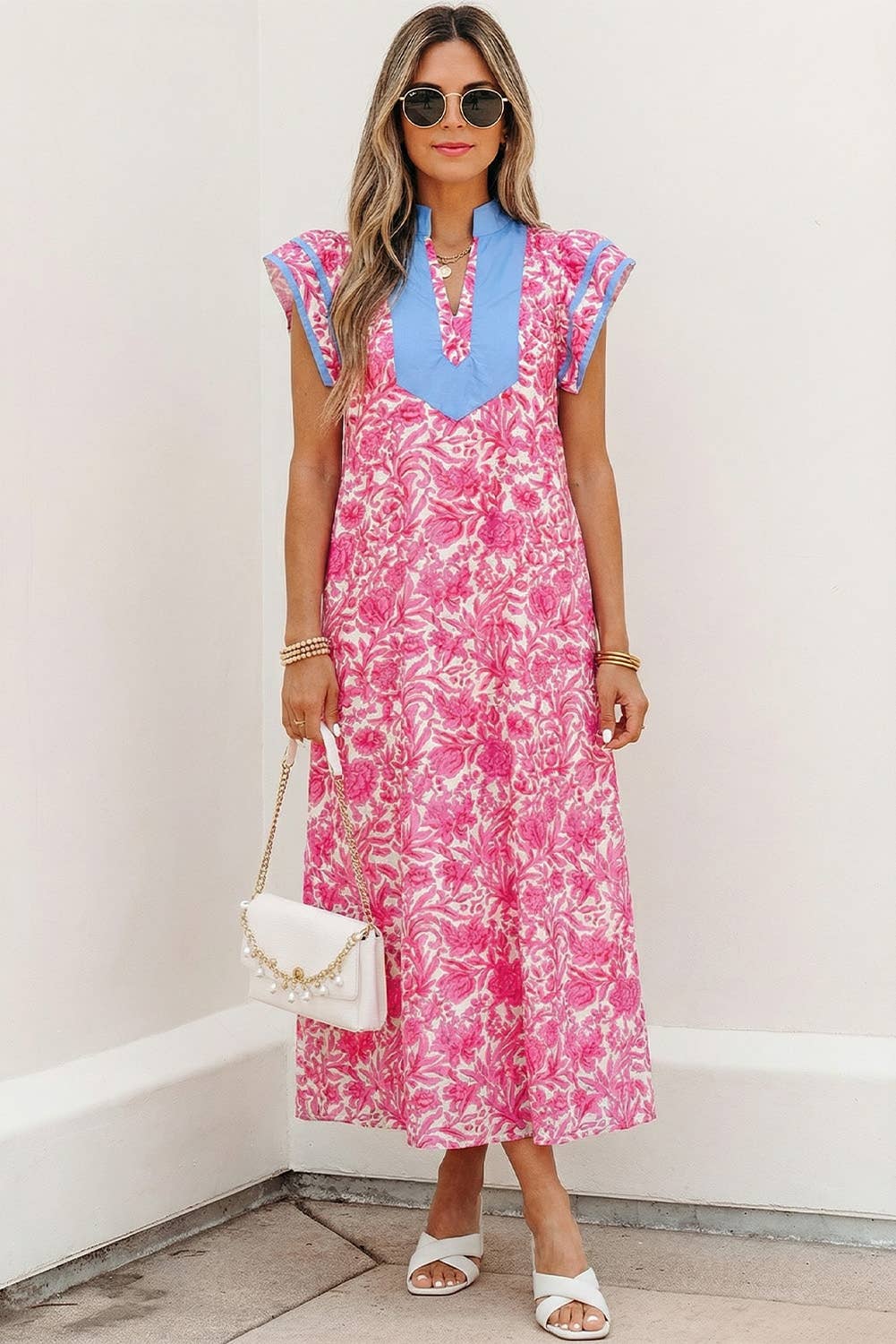 Pink V Neck Short Sleeve Midi Dress