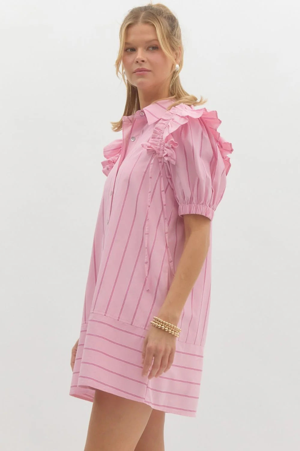 Pink Button Up Ruffle Sleeve Mini Dress