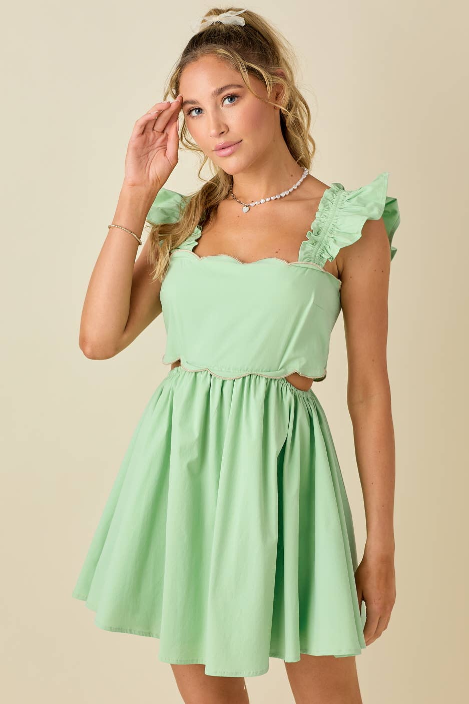Scallop mini dress ruffled shoulder
