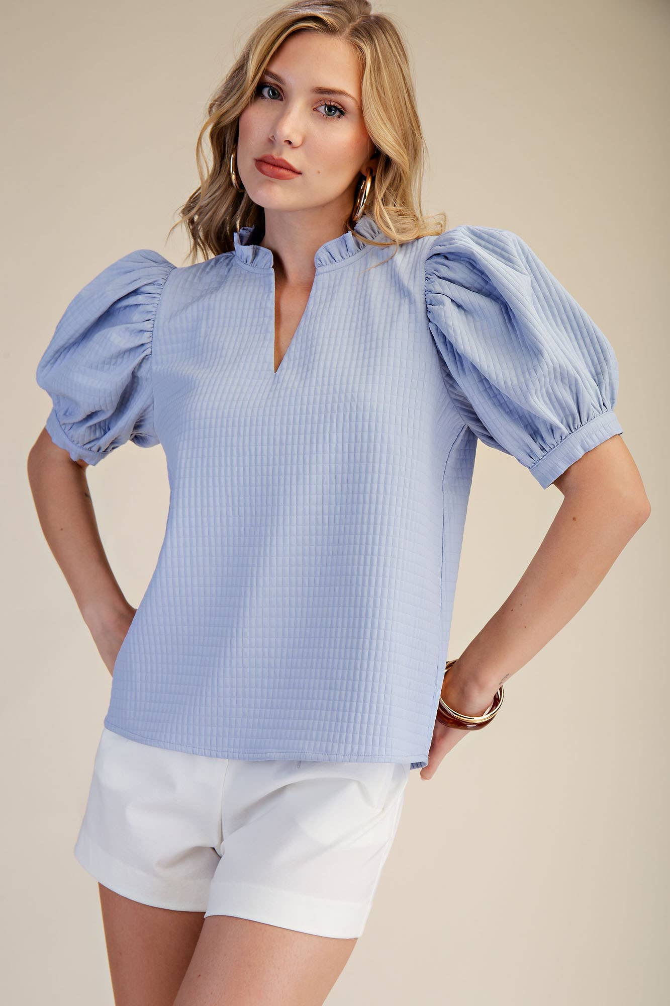 Ruffle V-Neck Puff Sleeve Top