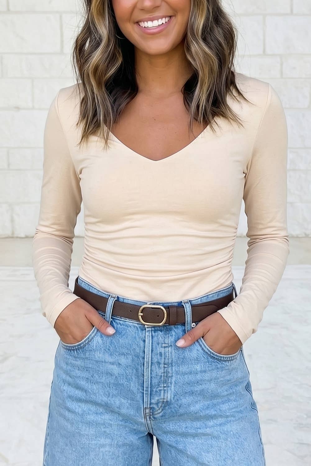 V Neck Ruched Slim Fit Long Sleeve Basic Tee