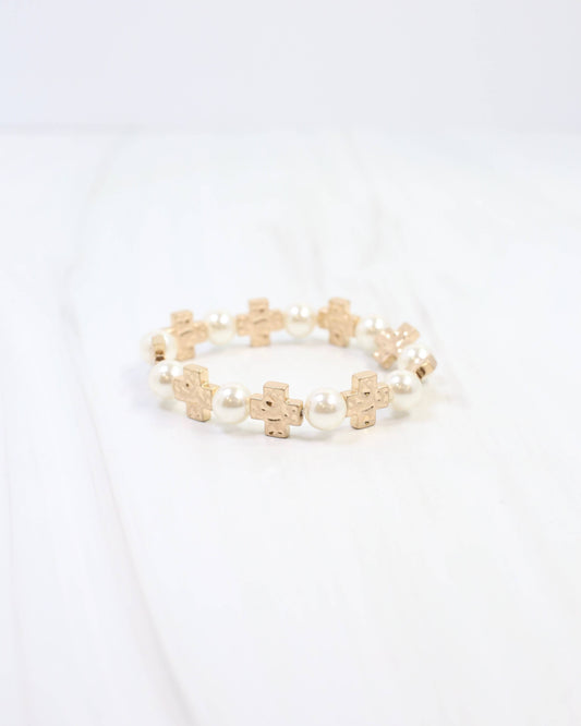 Lansing Pearl and Cross Stretch Bracelet Worn Gold