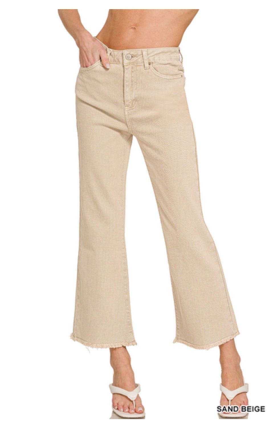 Acid Washed High Waist Frayed Hem Bootcut Pants-Sand Beige