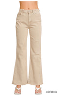 Acid Washed Frayed Cutoff Hem Straight Wide Pants-Ash Mocha
