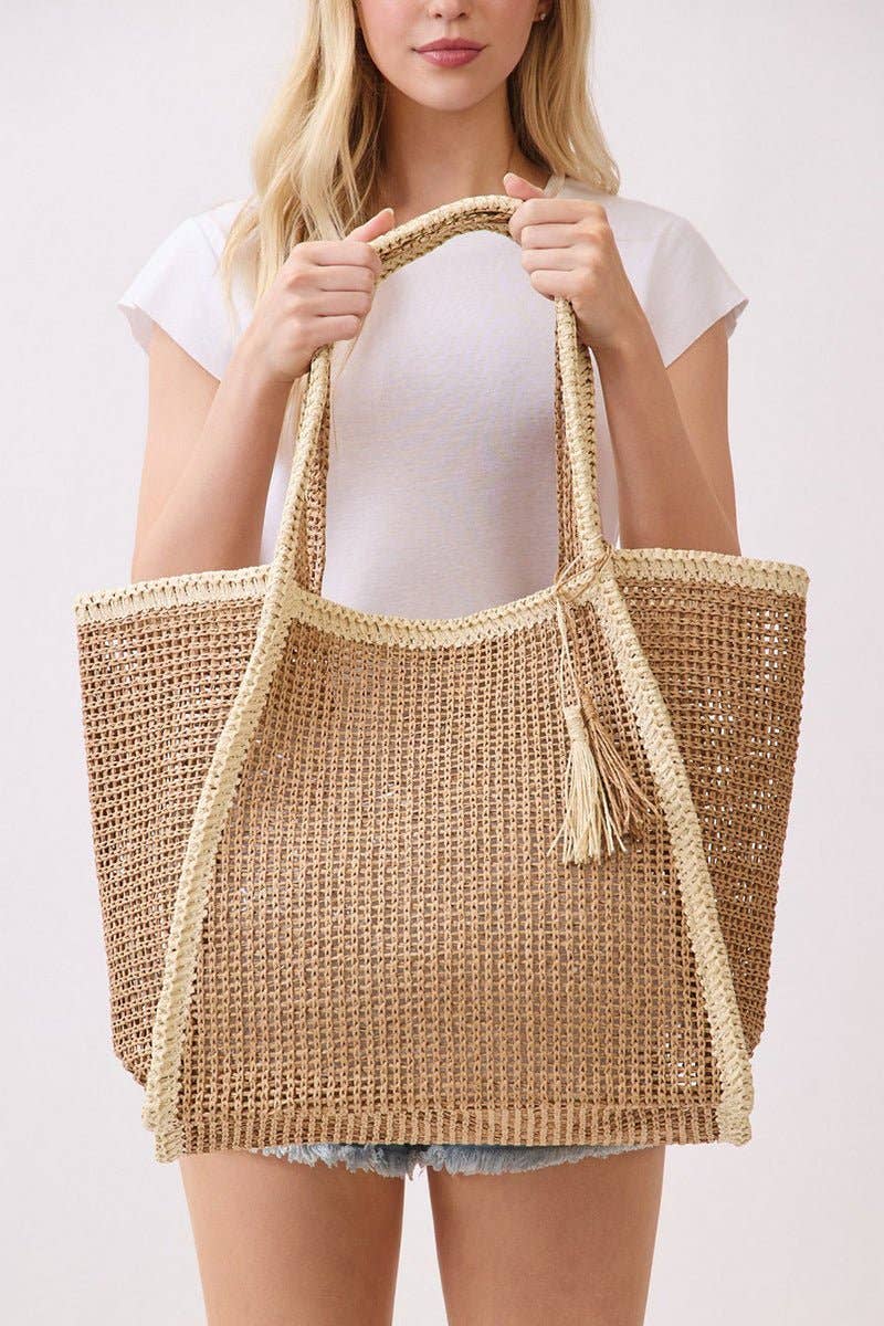 Island Escape Tan Two-Tone Woven Straw Tassel Tote