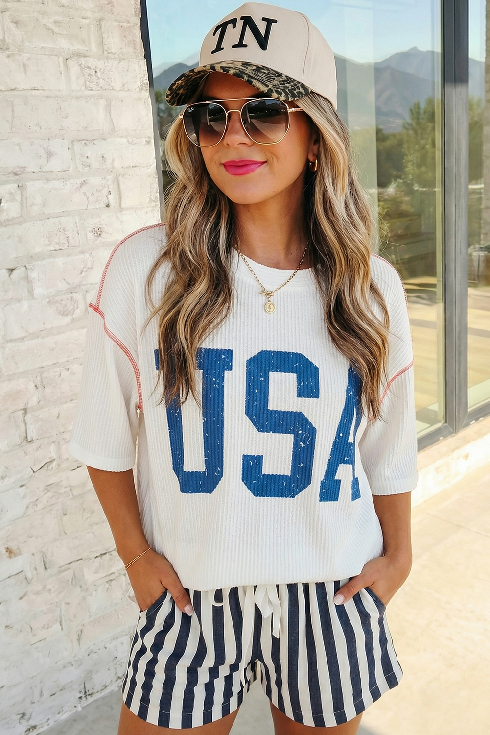 USA Graphic Half Sleeve Ribbed Top