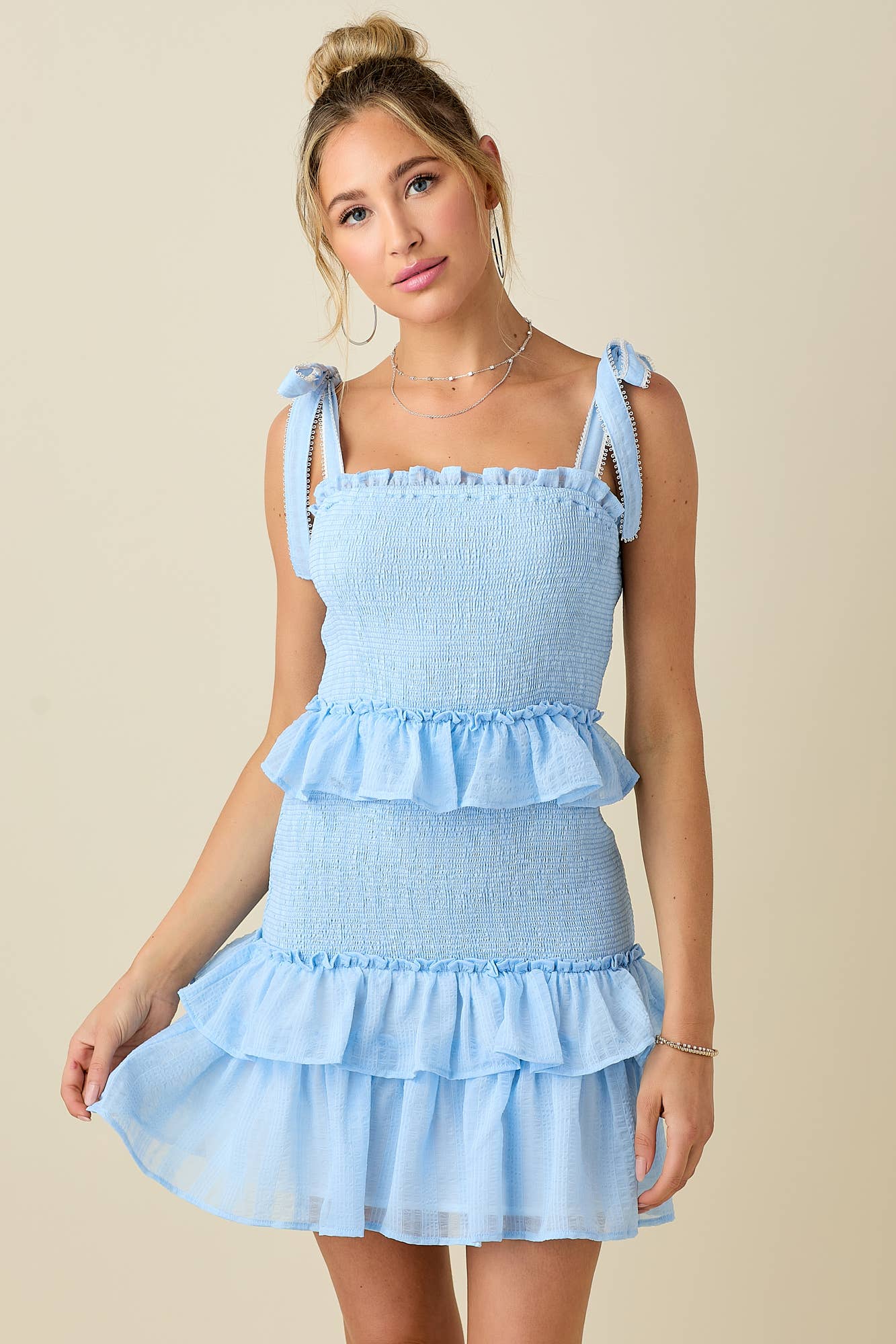 Jacquard smocked ruffled  mini dress