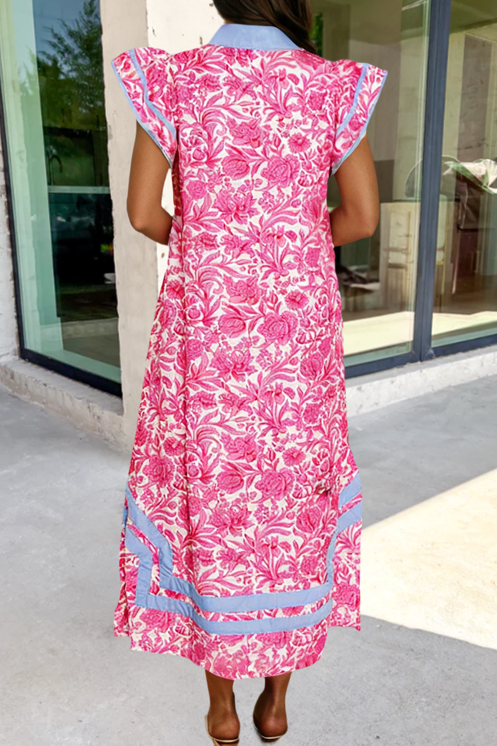 Pink V Neck Short Sleeve Midi Dress