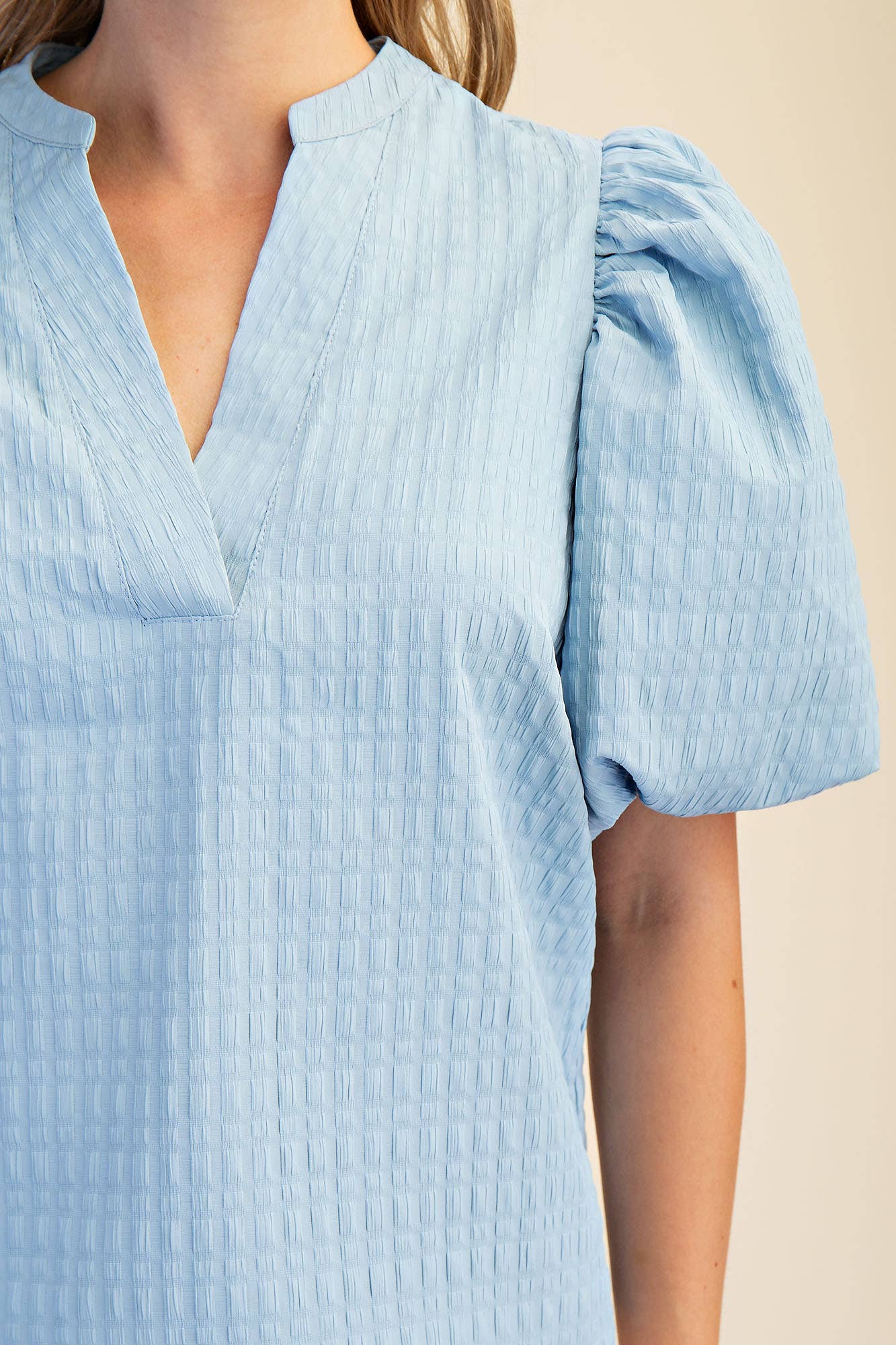 V-Neck Puff-Sleeve Textured Top