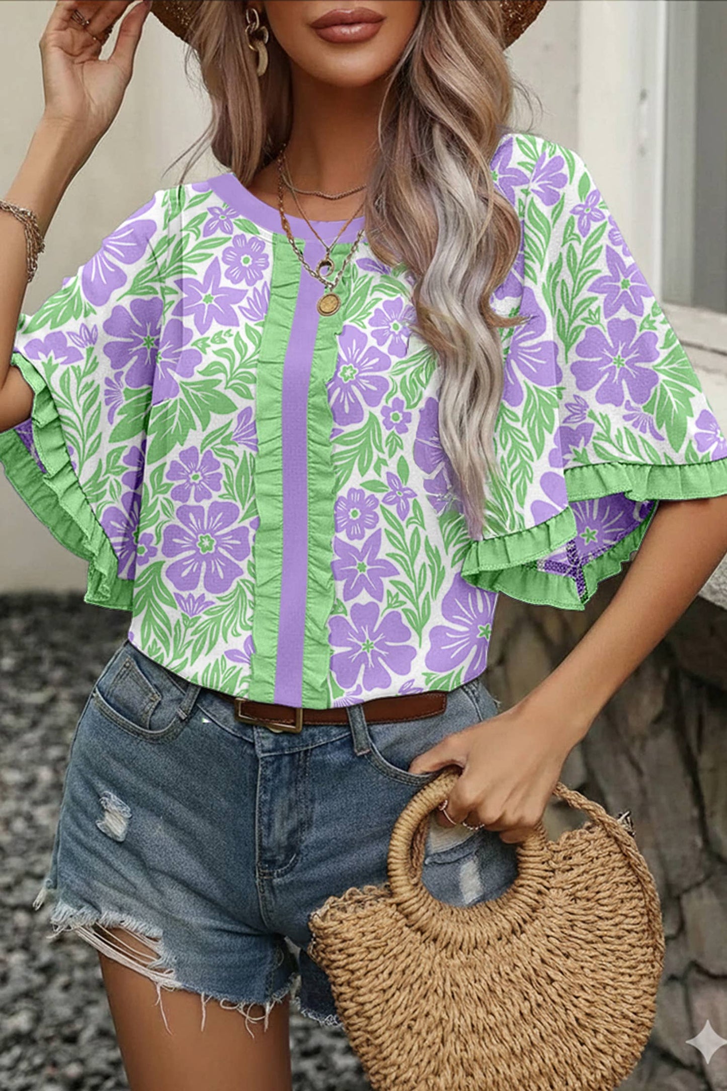 Floral Print Frill Trim Blouse & Series