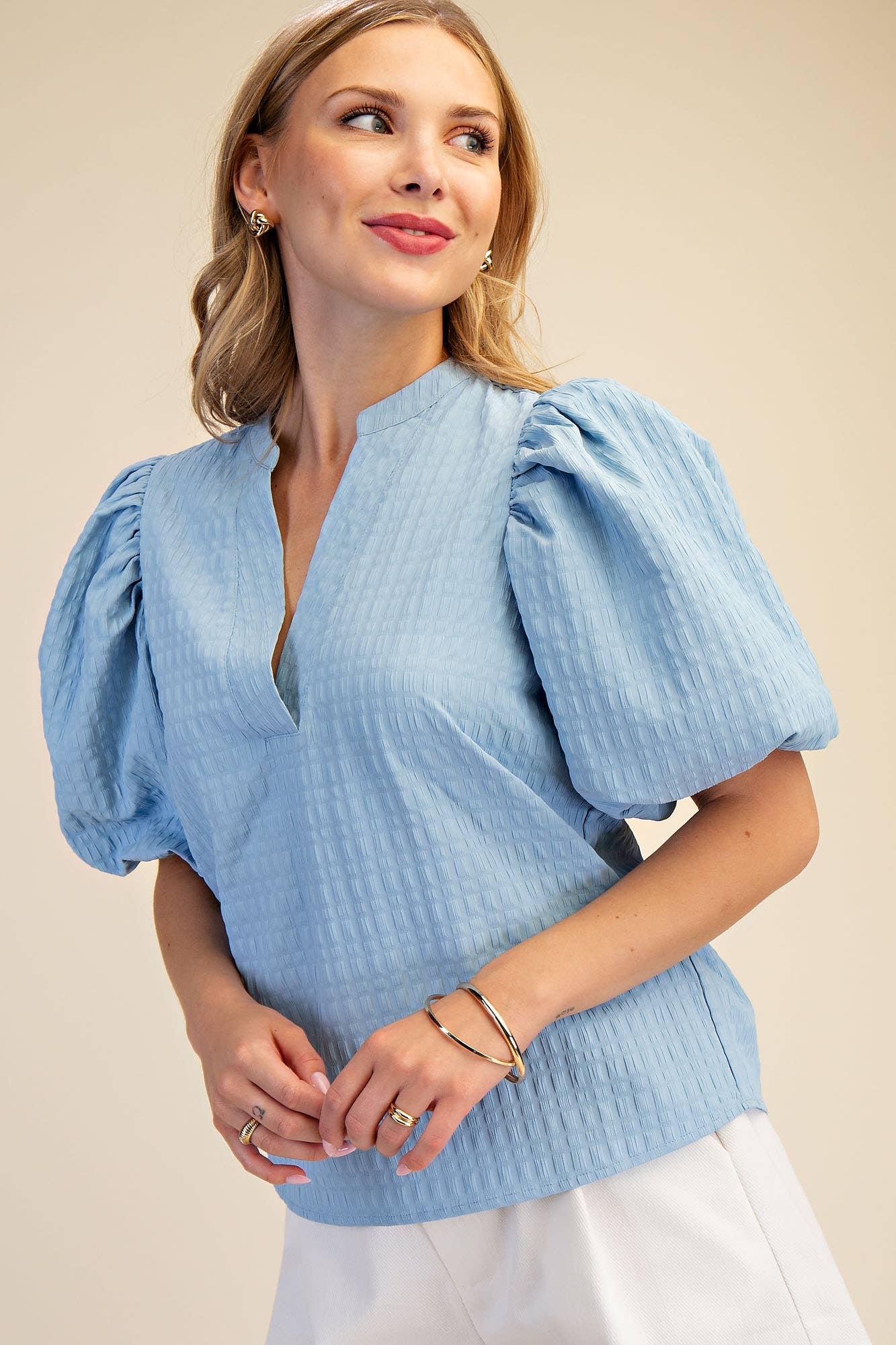 V-Neck Puff-Sleeve Textured Top
