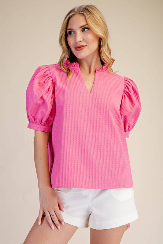 Ruffle V-Neck Puff Sleeve Top