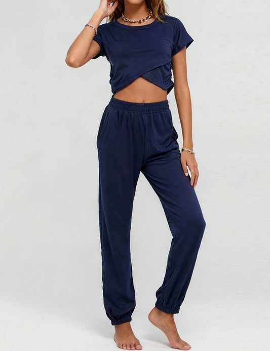 Ladies Solid Color Crop Top and Pants Set