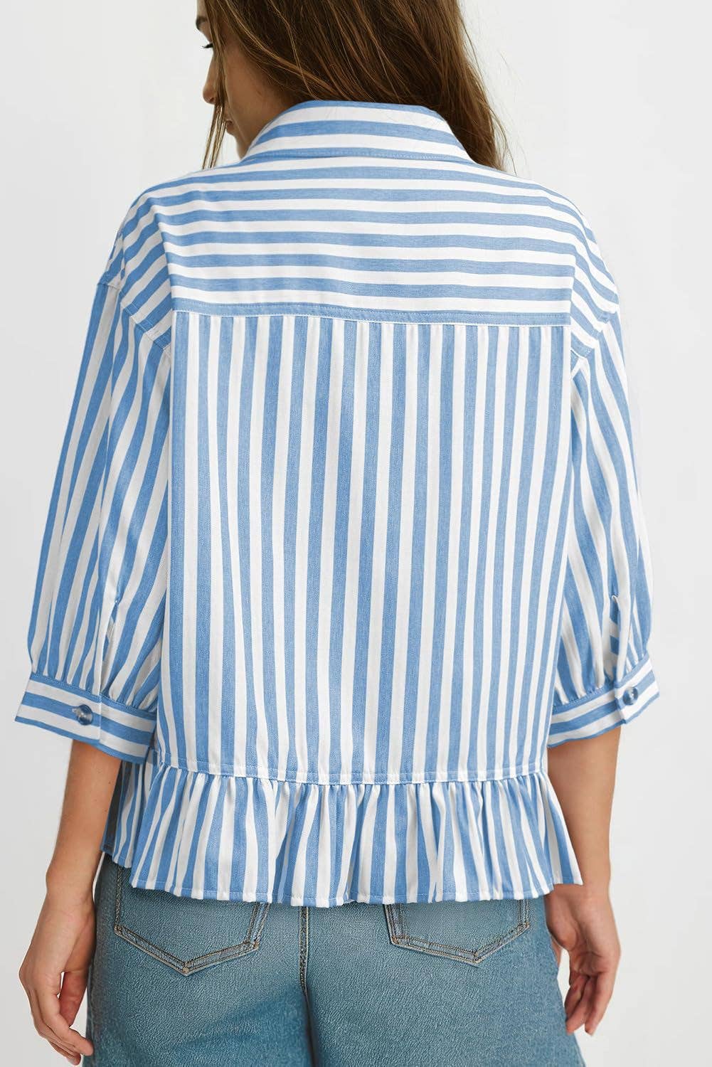 Striped Ruffle Hem 3/4 Sleeve Blouse
