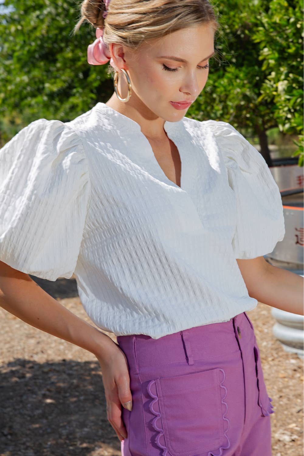 V-Neck Puff-Sleeve Textured Top