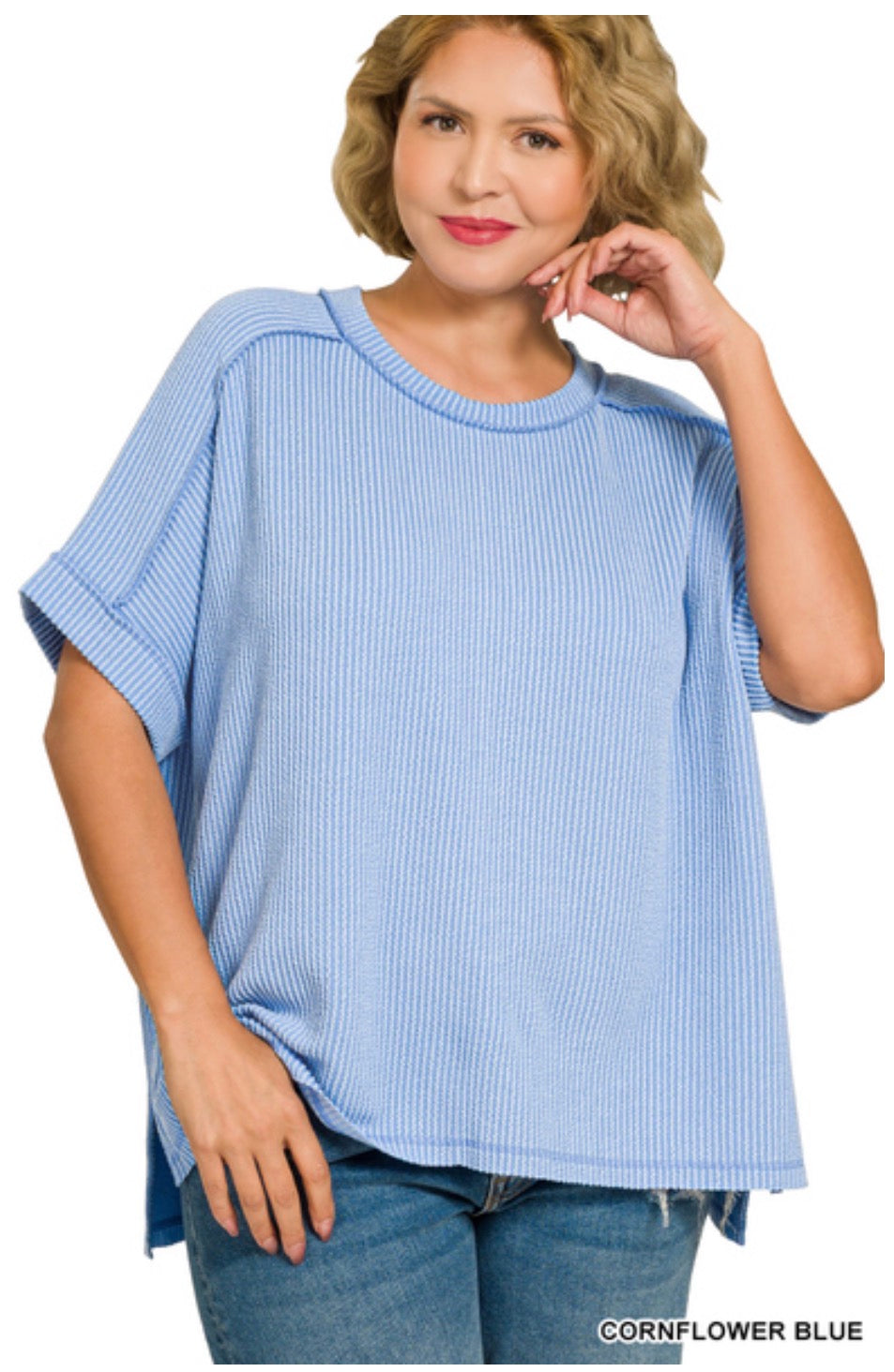 Plus Raised Rib Cuff Sleeve Raw Edge Top-Cornflower Blue