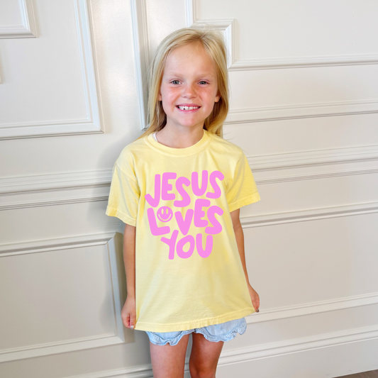 Smiley Jesus Loves You Puff Youth Tee