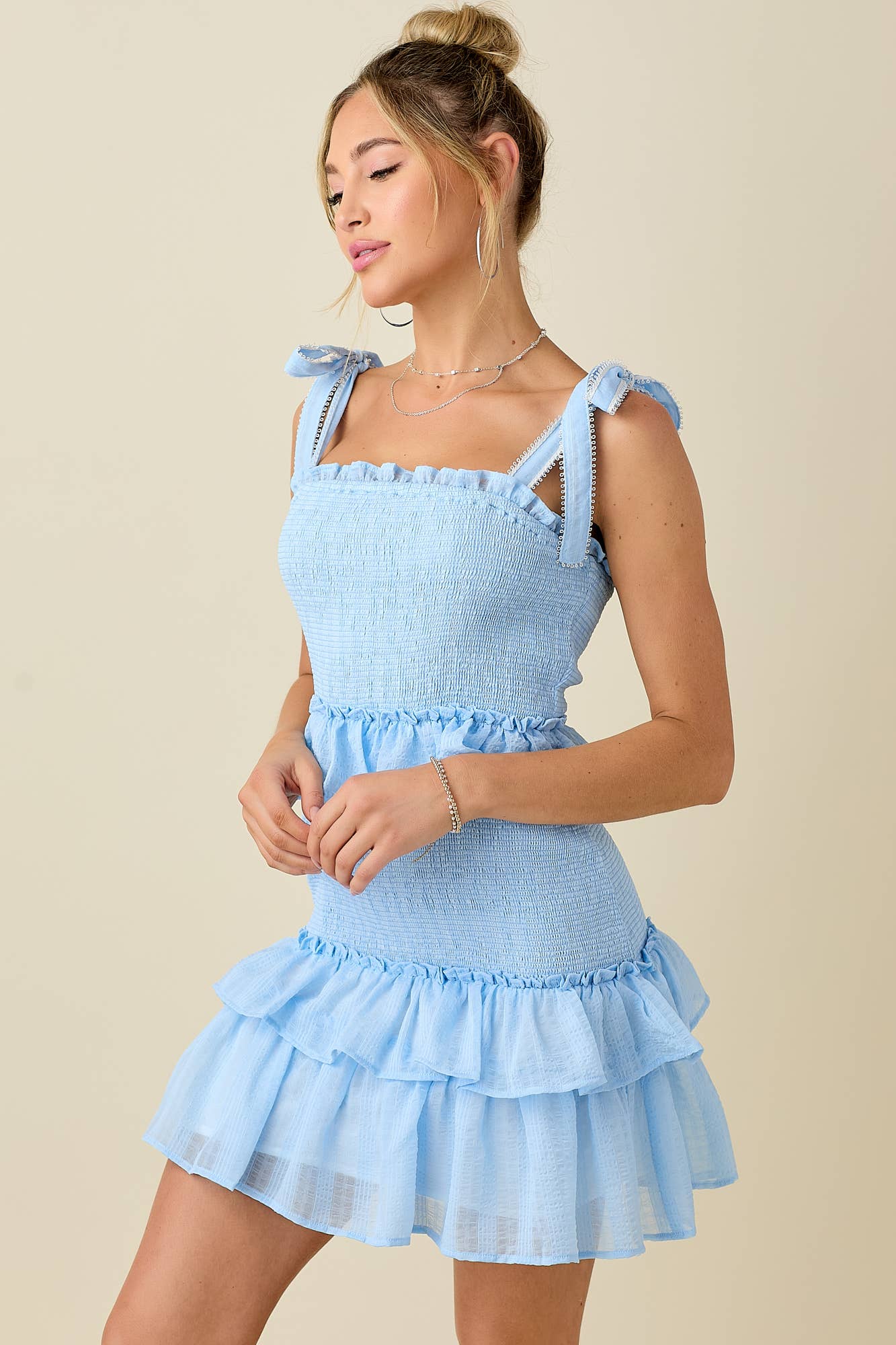 Jacquard smocked ruffled  mini dress