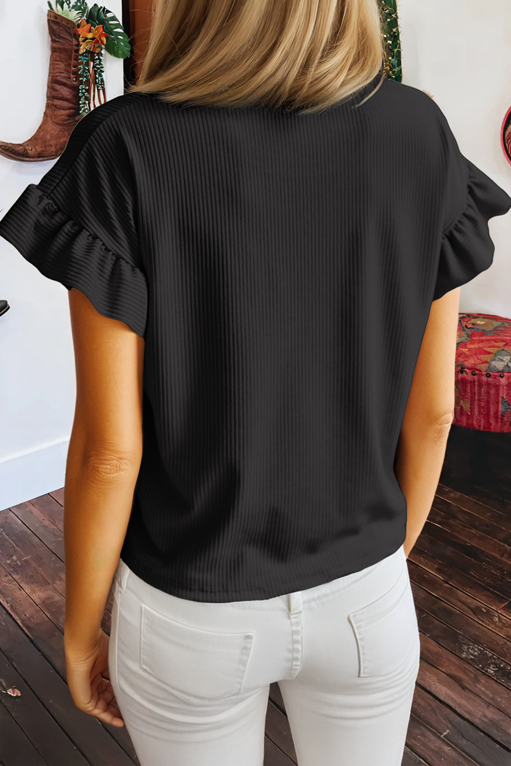 Black Ribbed Ruffled Short Sleeve