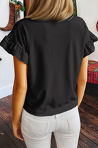 Black Ribbed Ruffled Short Sleeve