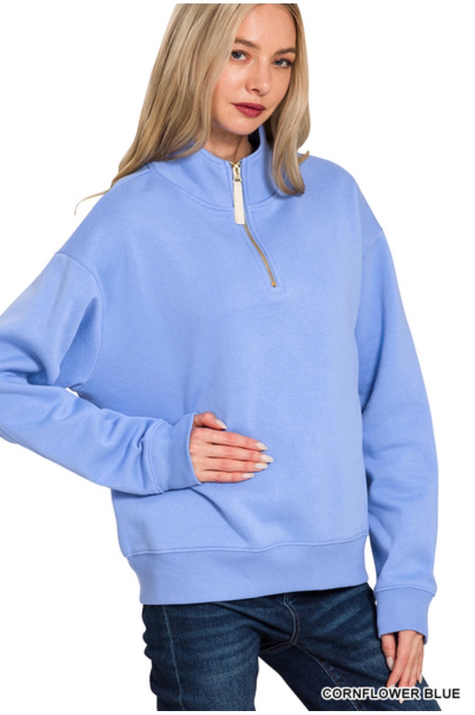 Fleece Half Zip Sweatshirt-Cornflower Blue