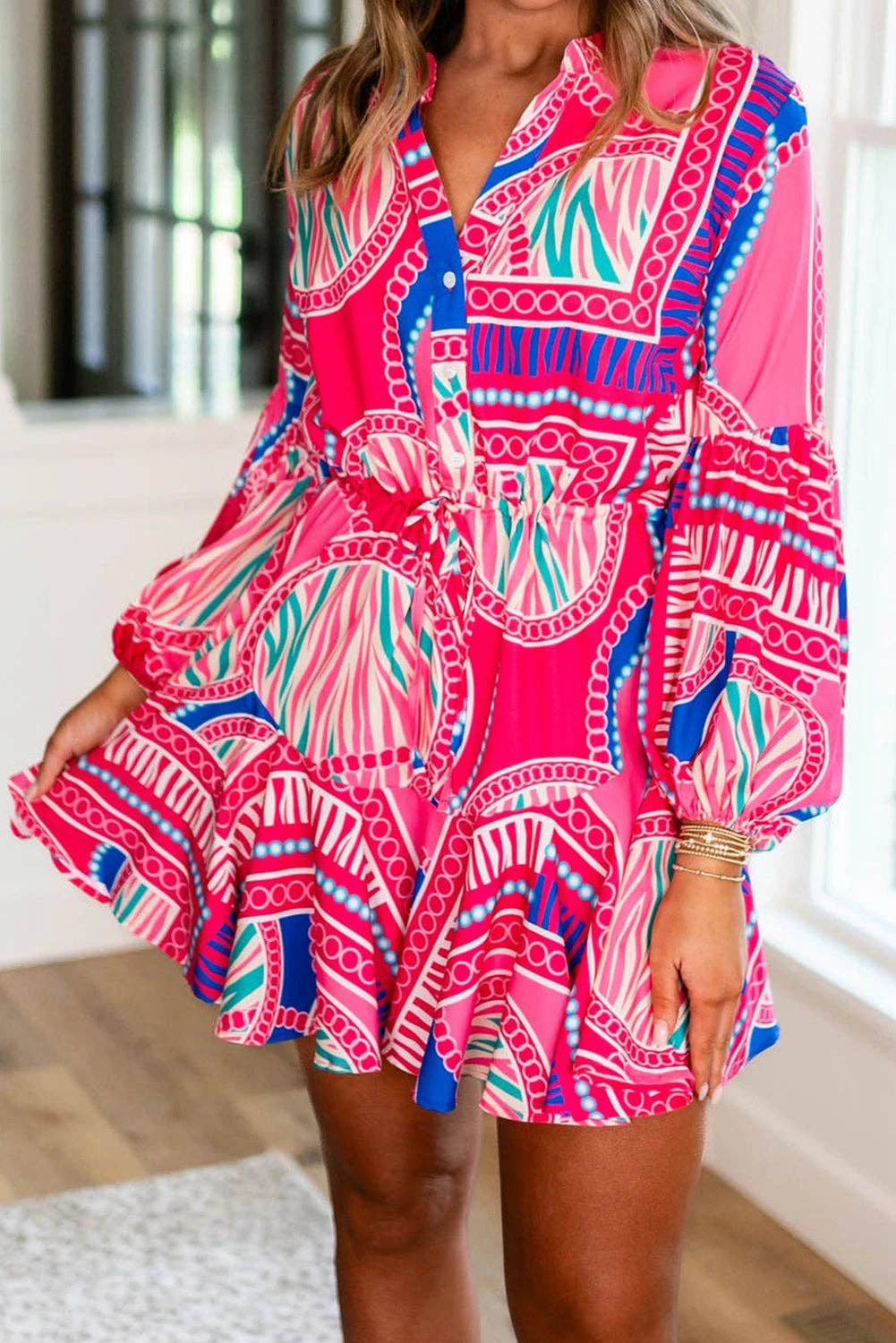 Rose Boho Abstract Puff Ruffled Mini Dress