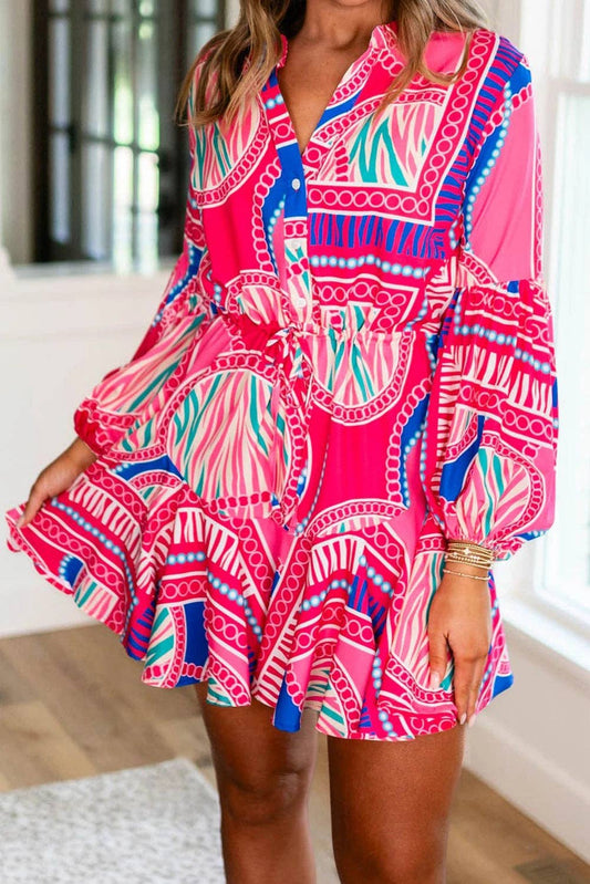 Rose Boho Abstract Puff Ruffled Mini Dress