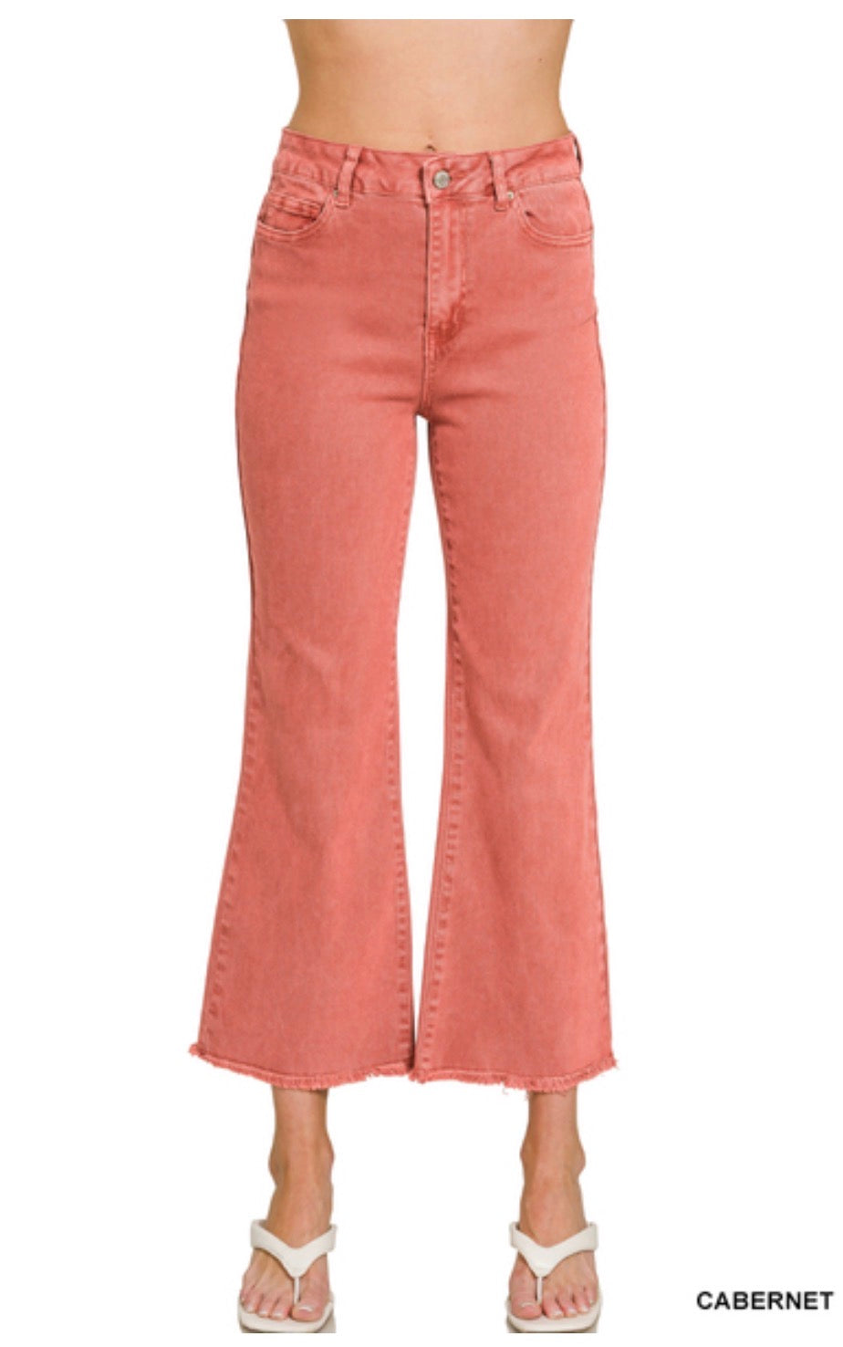 Acid Washed High Waist Frayed Hem Bootcut Pants-Cabernet