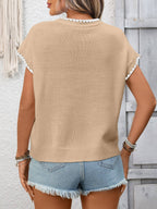 Crochet Trim Short Sleeve Knit Top for Women Summer Casual