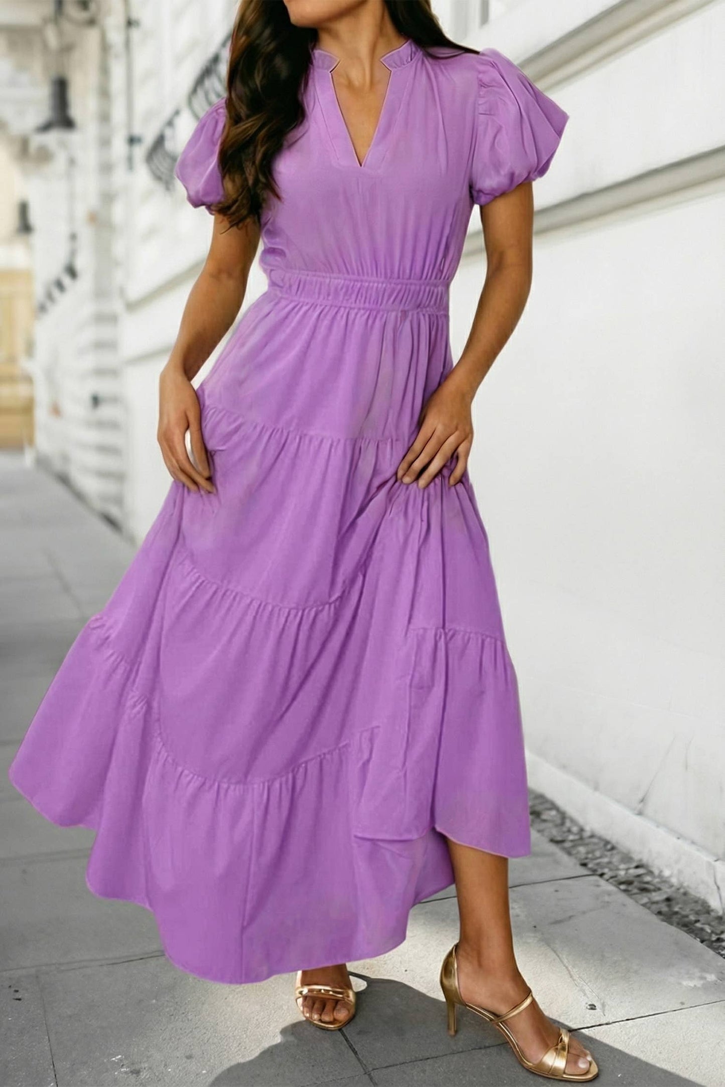 Green V Neck Puff Sleeve Maxi Dress