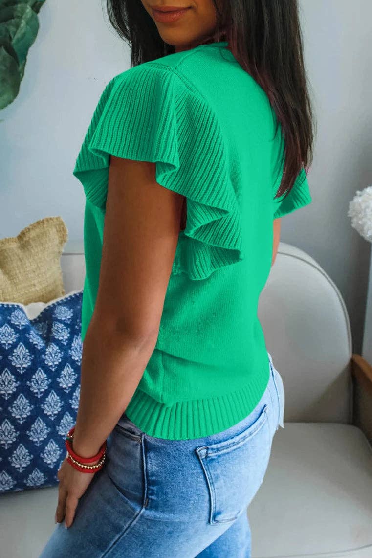 Solid Ruffle Sleeve Ribbed Sweater