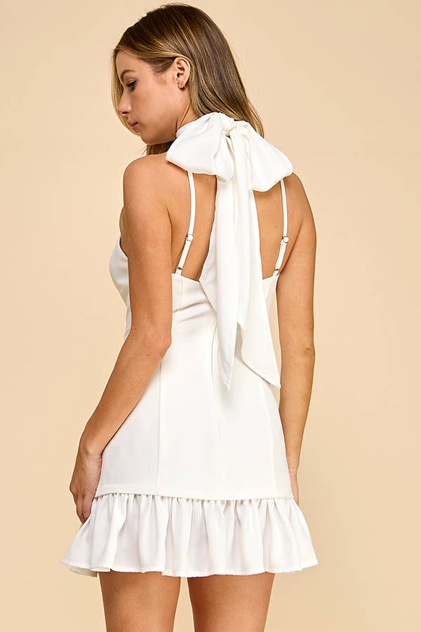 Halterneck Mini Dress with Ruffled Hem & Neck Tie Strap