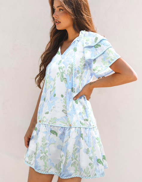 Pink Floral Contrast Edge Layered Short Sleeve Mini Dress