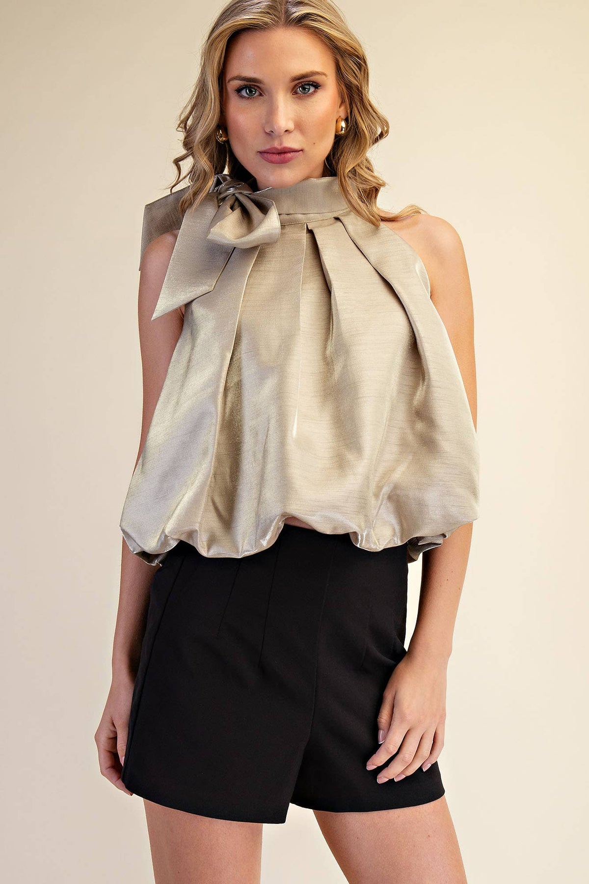 High Neck Tie Wrap Balloon Sleeveless Top