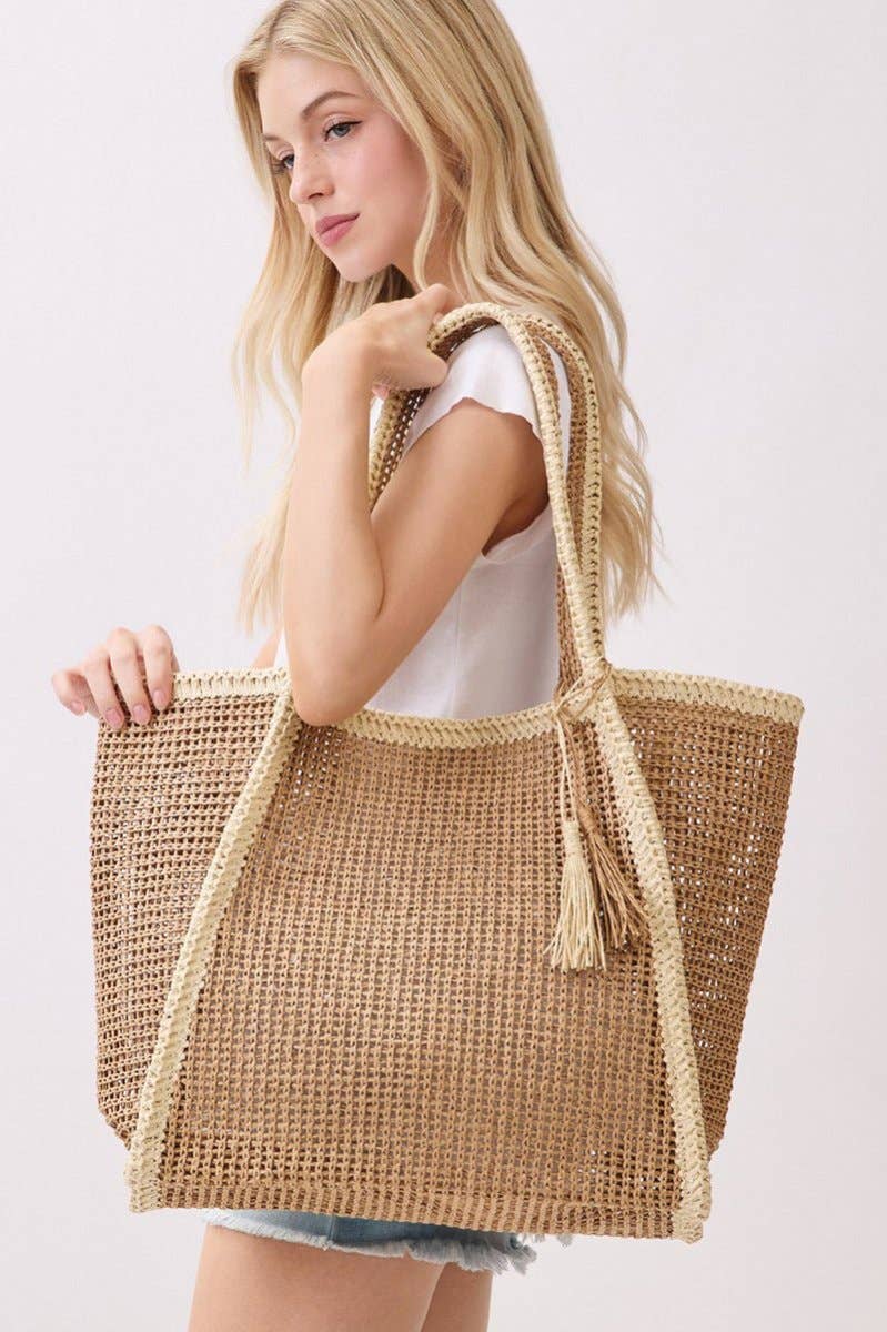 Island Escape Tan Two-Tone Woven Straw Tassel Tote