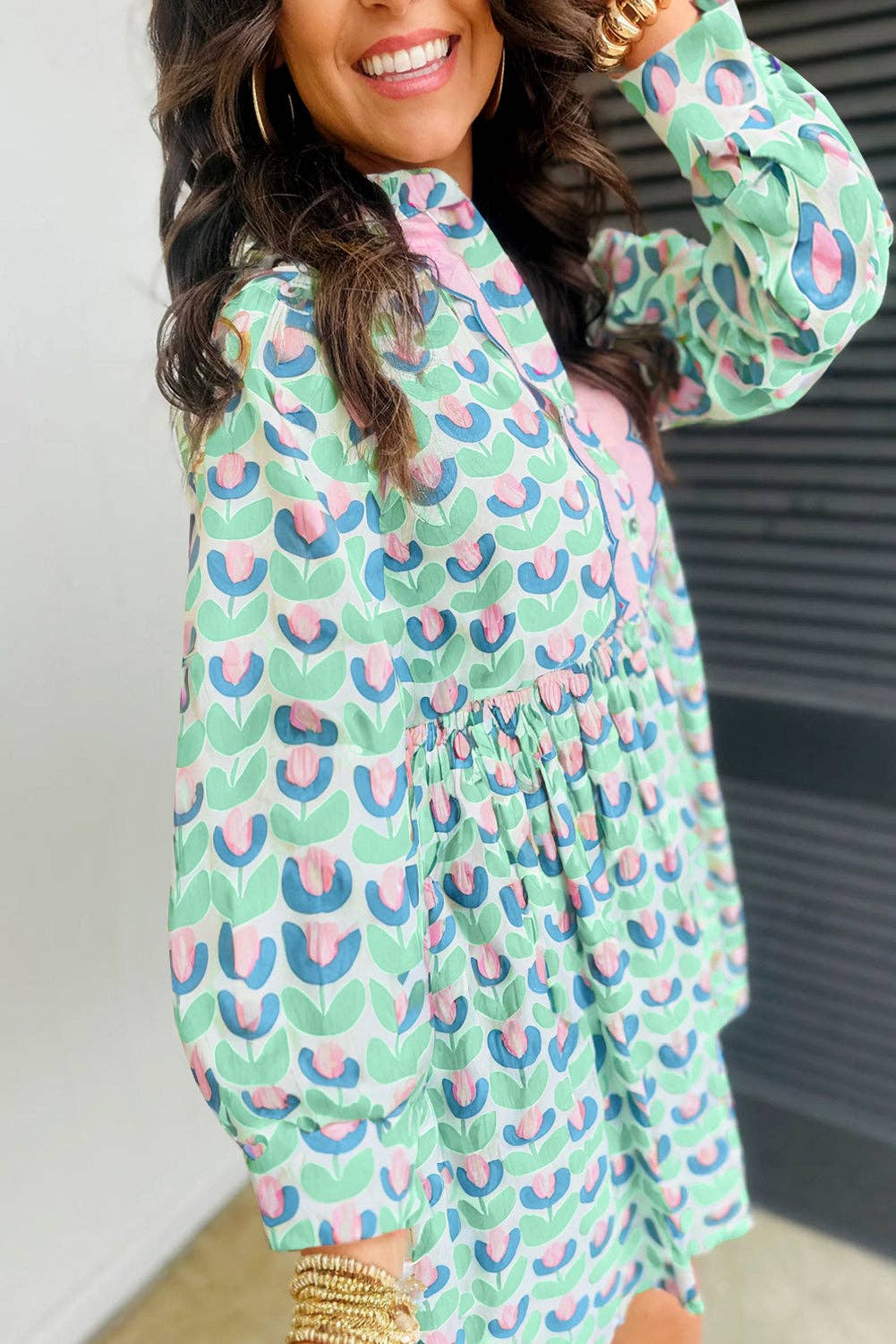 Green Floral  Scalloped Detail Long Sleeve Mini Dress