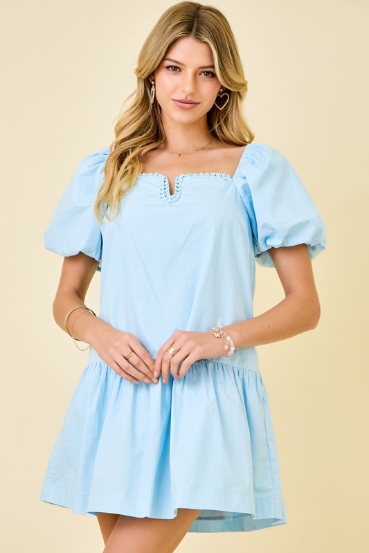 Drop Waist Mini Dress W/ Knotted Neck Detail &bubble Sleeves