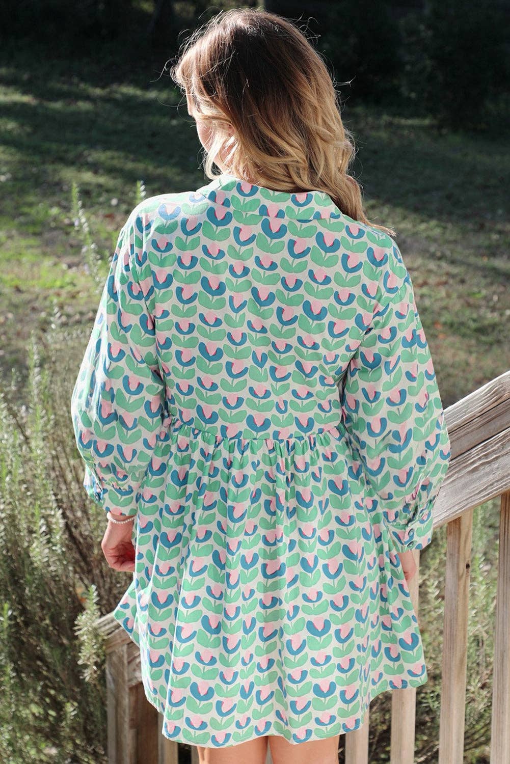 Green Floral  Scalloped Detail Long Sleeve Mini Dress