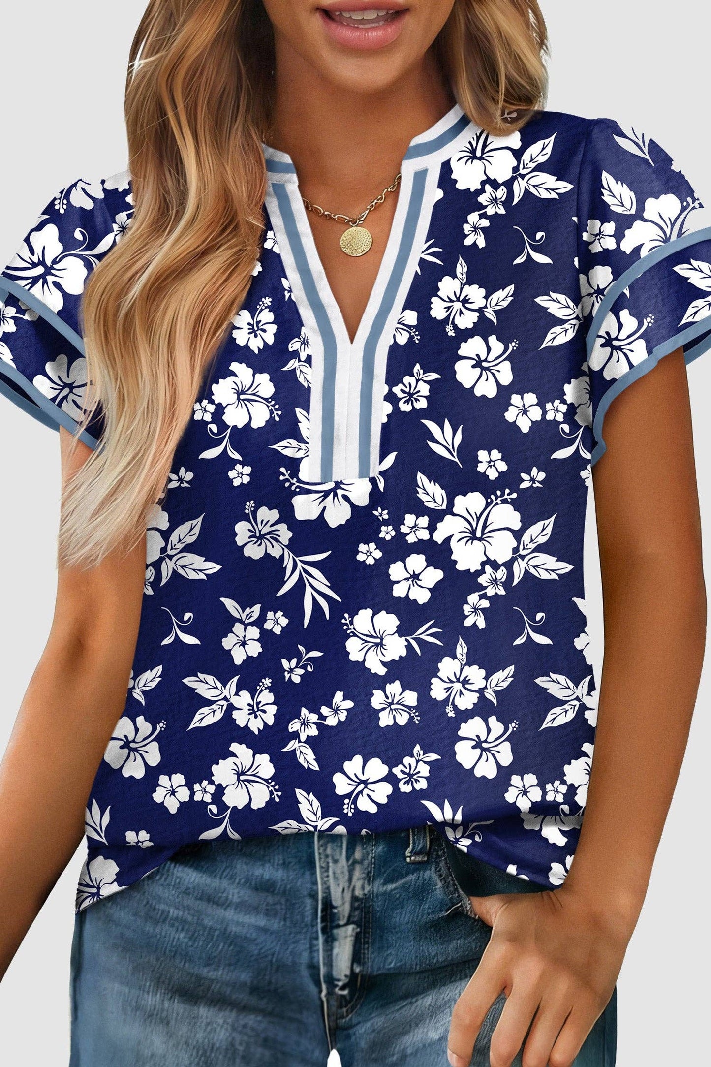Floral Contrast Trim Ruffle Sleeve Blouse