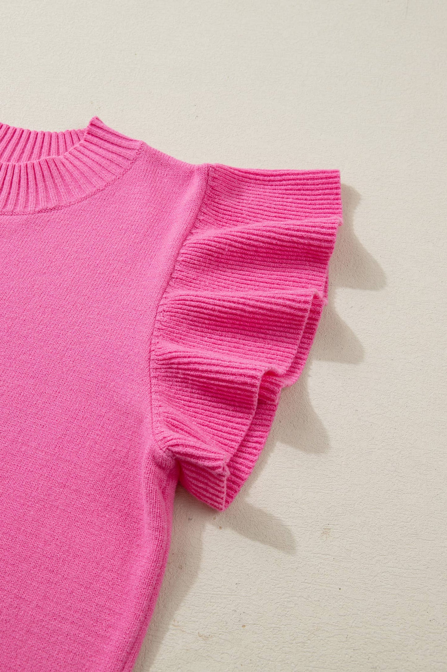 Ribbed Trim Round Neck Ruffle Short Sleeve Sweater | S-4X